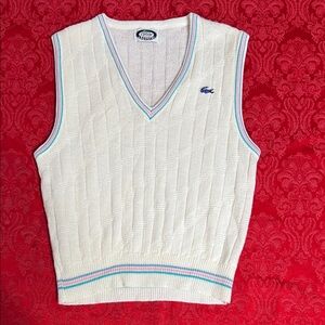 Lacoste Ivory Knit Vest with Blue and Pink Accents Vintage Small